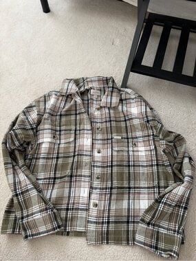 Braxton Cropped Plaid Button-Up Shacket in Olive, Brown & White
